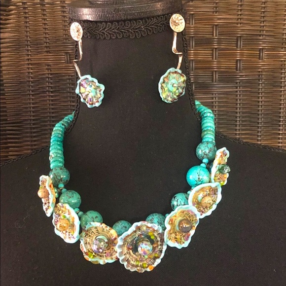 Turquoise and Silver Floral Necklace Set